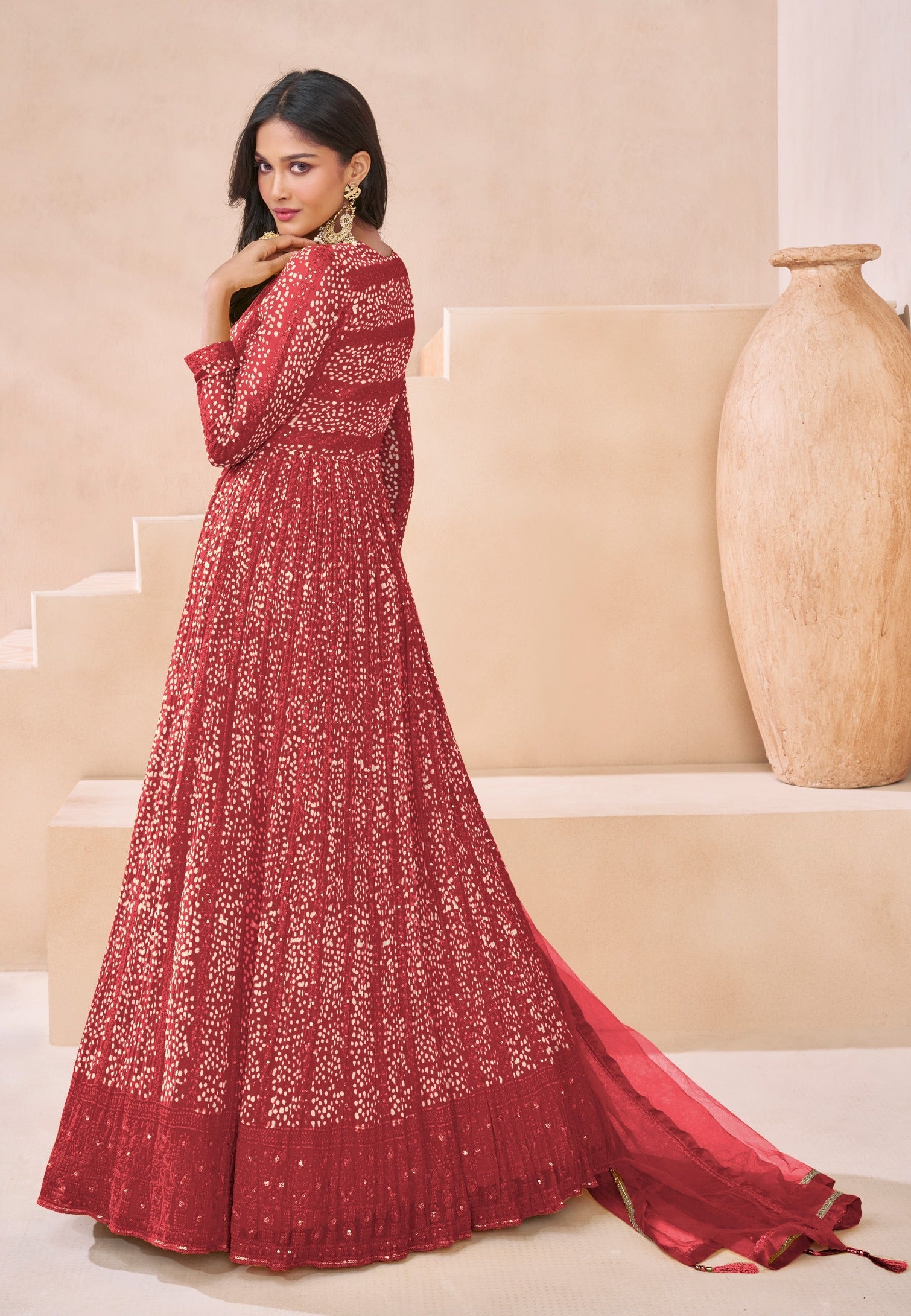 Red Georgette Embroidered  Flared Gown With Bottom Dupatta