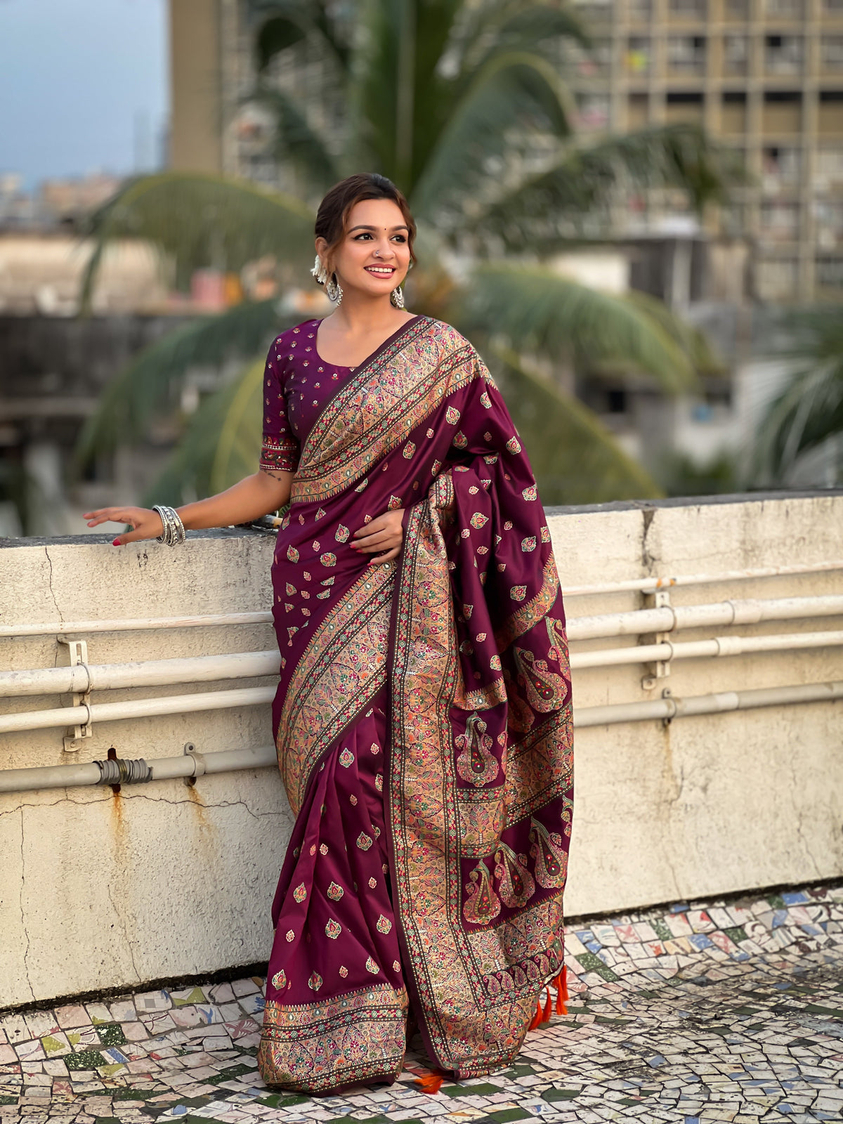 Magenta Pashmina Silk Woven Meenakari Saree