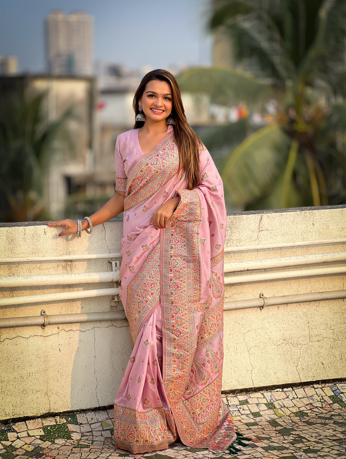 Pink Pashmina Silk Woven Meenakari Saree