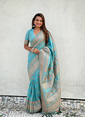 Blue Pashmina Silk Woven Meenakari Saree