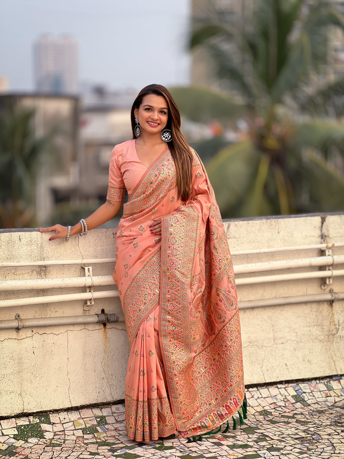 Peach Pashmina Silk Woven Meenakari Saree