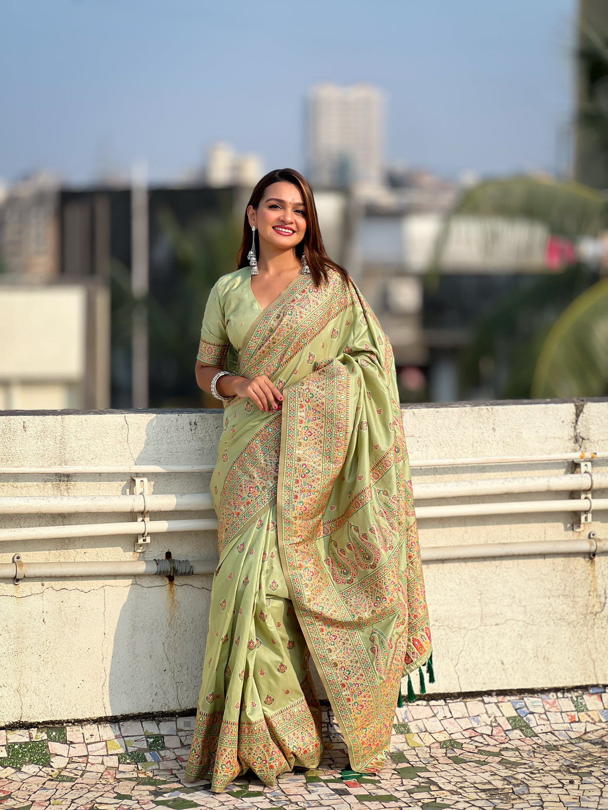 Pista Pashmina Silk Woven Meenakari Saree