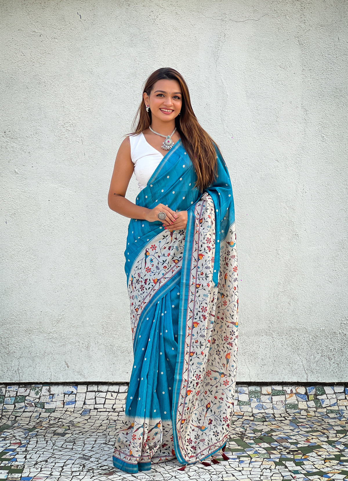 Turquoise Katki Silk Kalamkari Saree