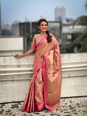 Pink Zari Tissue Woven Leheriya Saree