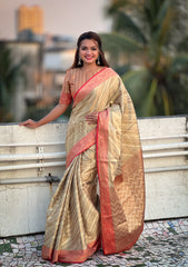 Grey Zari Tissue Woven Leheriya Saree