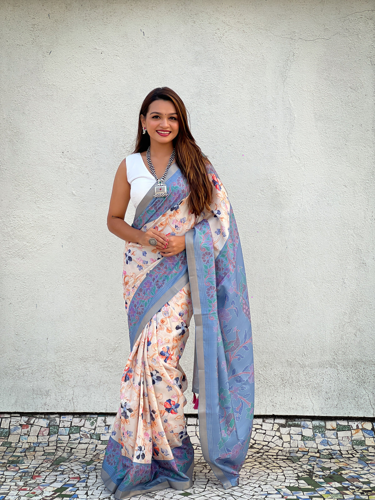 Blue Tussar Silk Kalamkari woven Saree