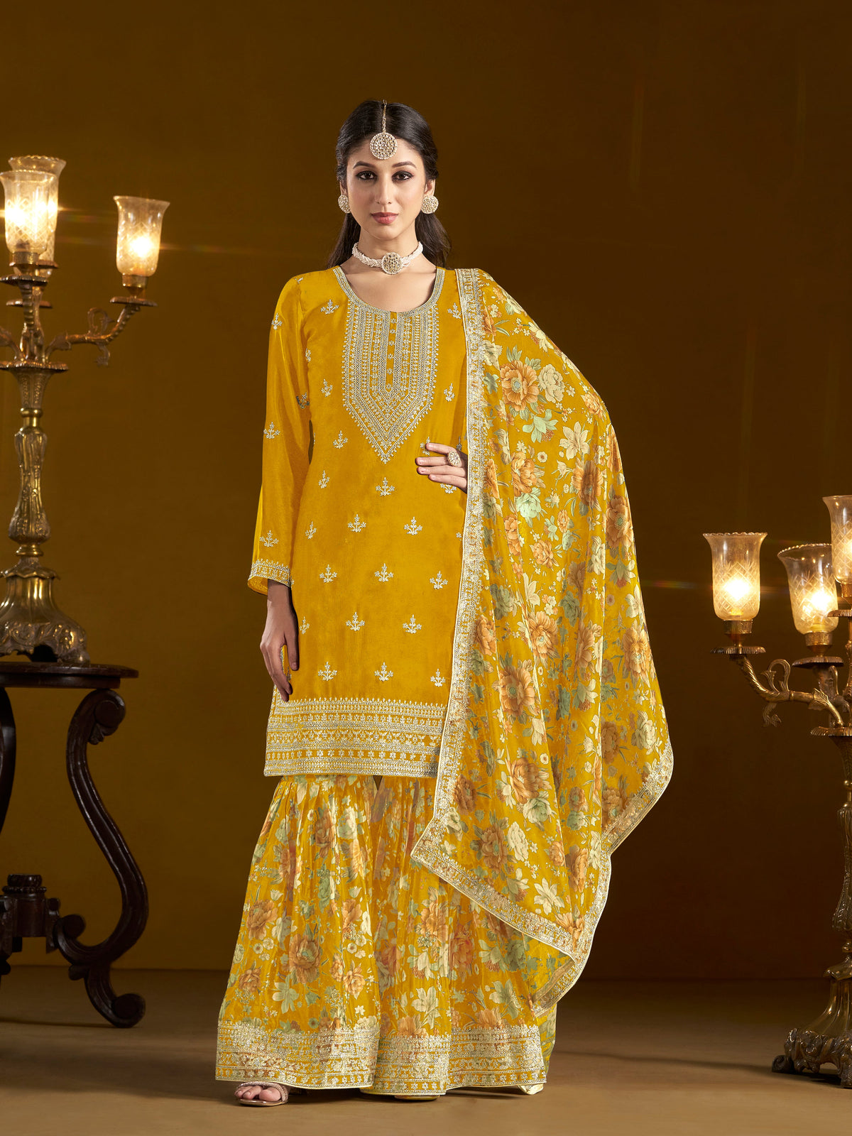 Yellow Chinon Embroidered  Salwar Suit With Sharara Dupatta