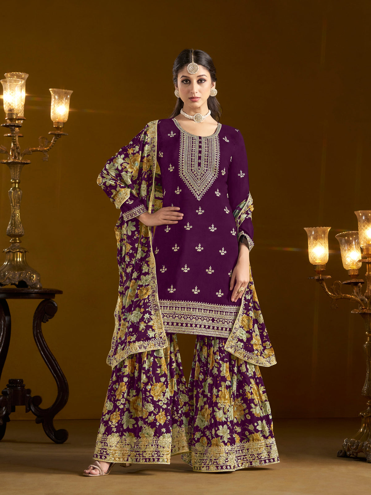 Magenta Chinon Embroidered  Salwar Suit With Sharara Dupatta