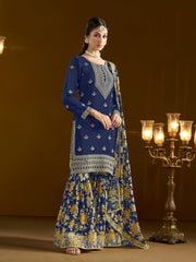 Blue Chinon Embroidered  Salwar Suit With Sharara Dupatta