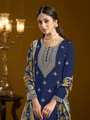 Blue Chinon Embroidered  Salwar Suit With Sharara Dupatta