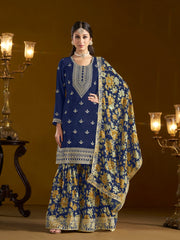 Blue Chinon Embroidered  Salwar Suit With Sharara Dupatta