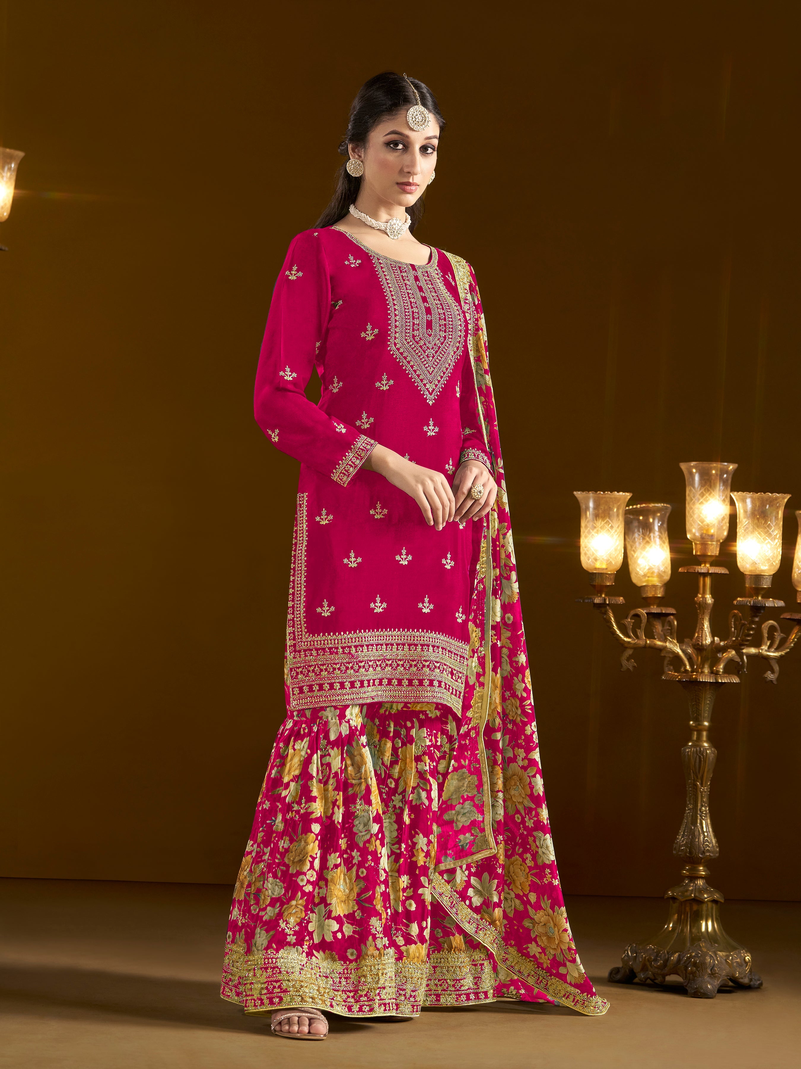 Pink Chinon Embroidered  Salwar Suit With Sharara Dupatta