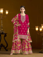 Pink Chinon Embroidered  Salwar Suit With Sharara Dupatta