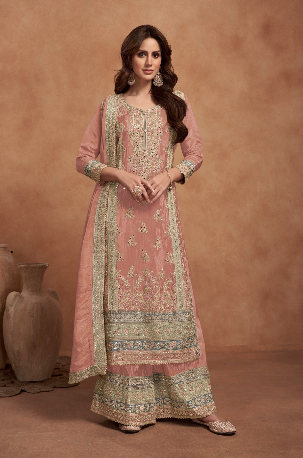 Peach Vichitra Silk Embroidered  Salwar Suit With Pant Dupatta