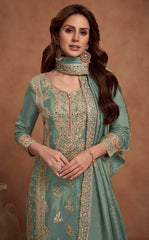 Costume Salwar brodé en soie verte Vichitra avec pantalon Dupatta