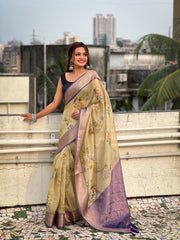 Mustard Crush Tissue Woven Floral Printed Saree