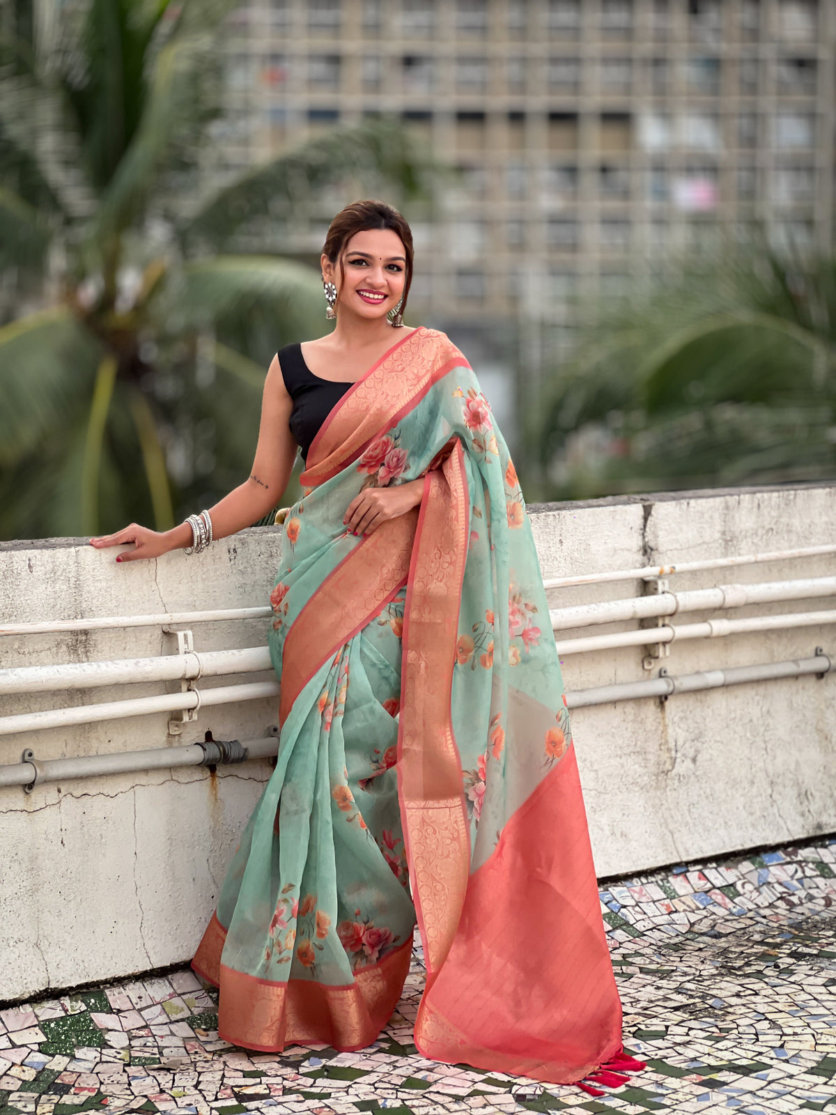 Sea Green Crush Tissue Woven Floral Printed Saree