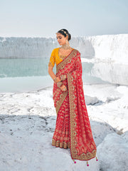 Red Georgette Woven Bandhani Designer Saree