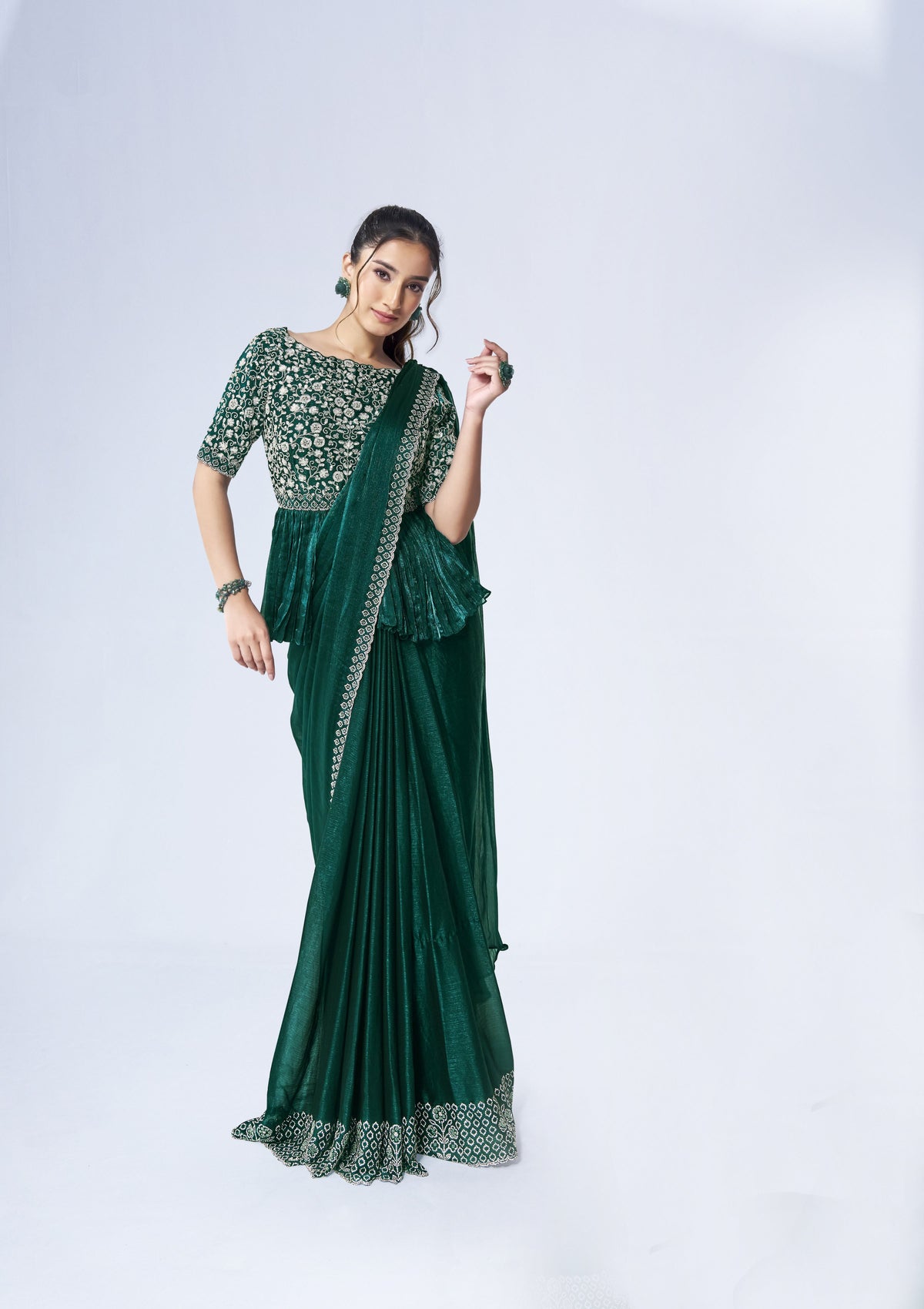 Green Chiffon Khatli Work Ready to Wear Saree