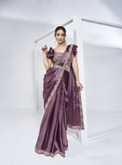 Lavendar Crepe Satin Silk Handwork Ready to Wear Saree