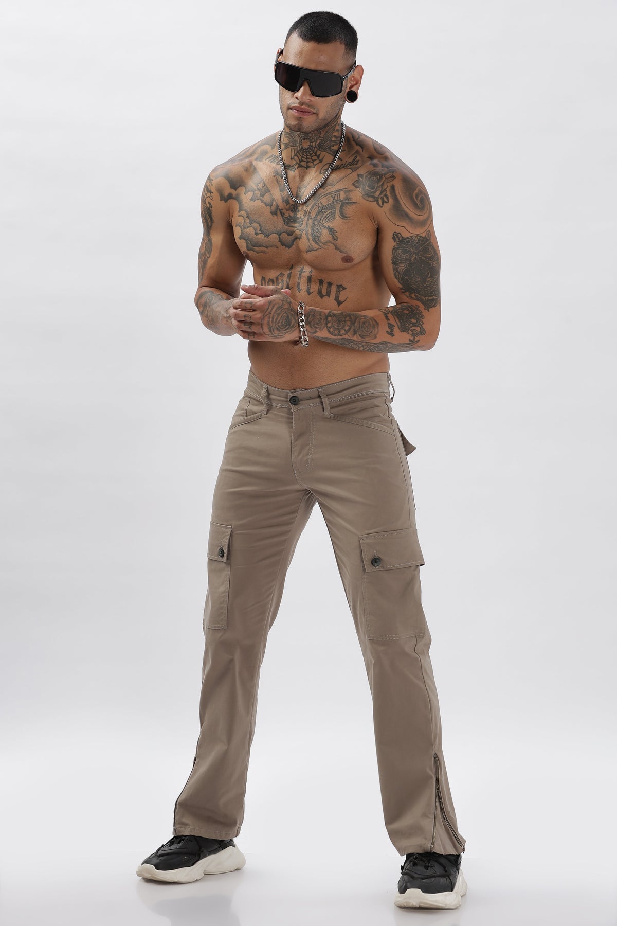 Ash-Grey Cotton Blend Full Length Cargo Pants