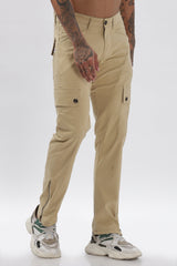 Beige Cotton Blend Full Length Cargo Pants For Men