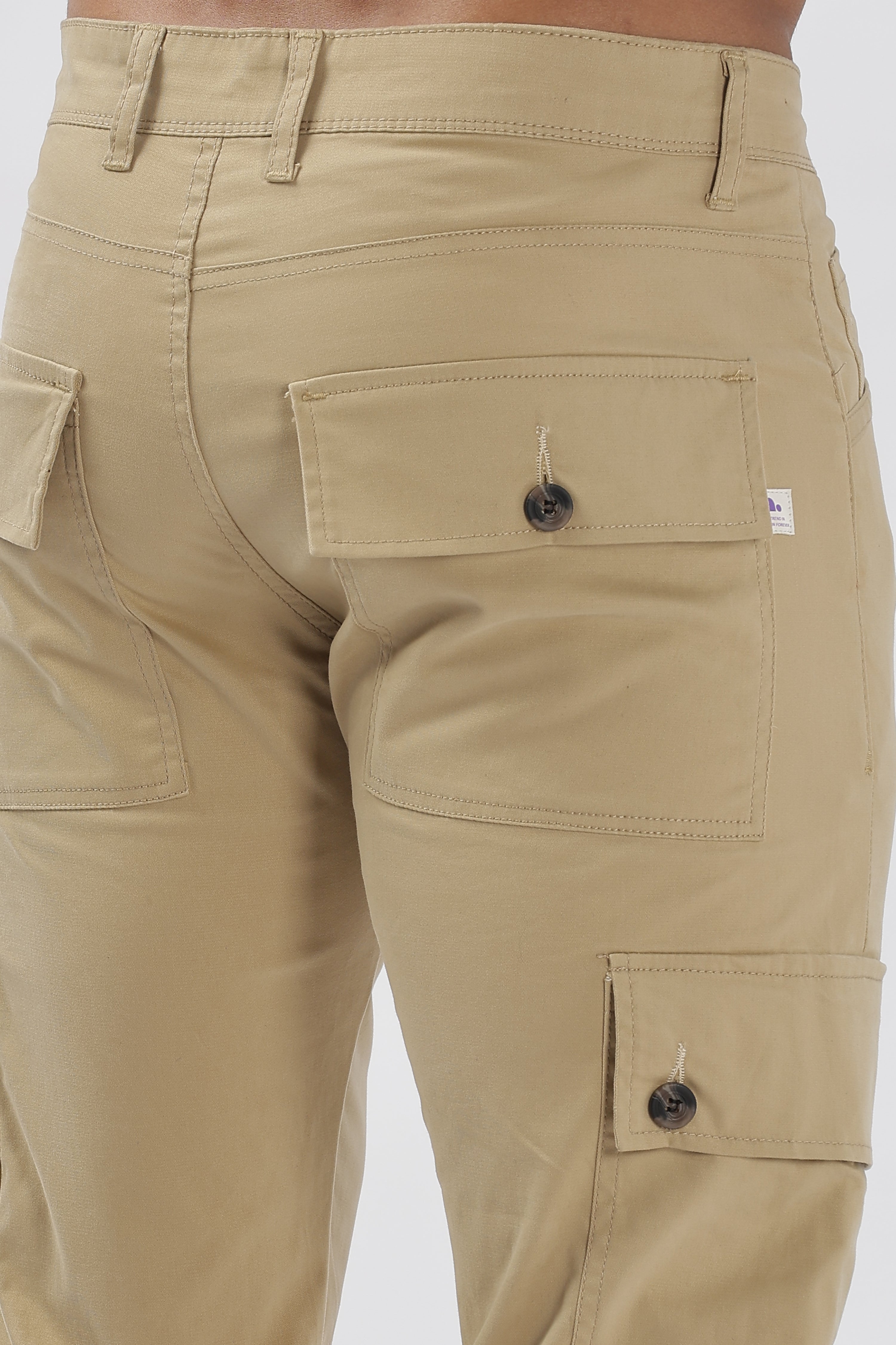 Beige Cotton Blend Full Length Cargo Pants For Men