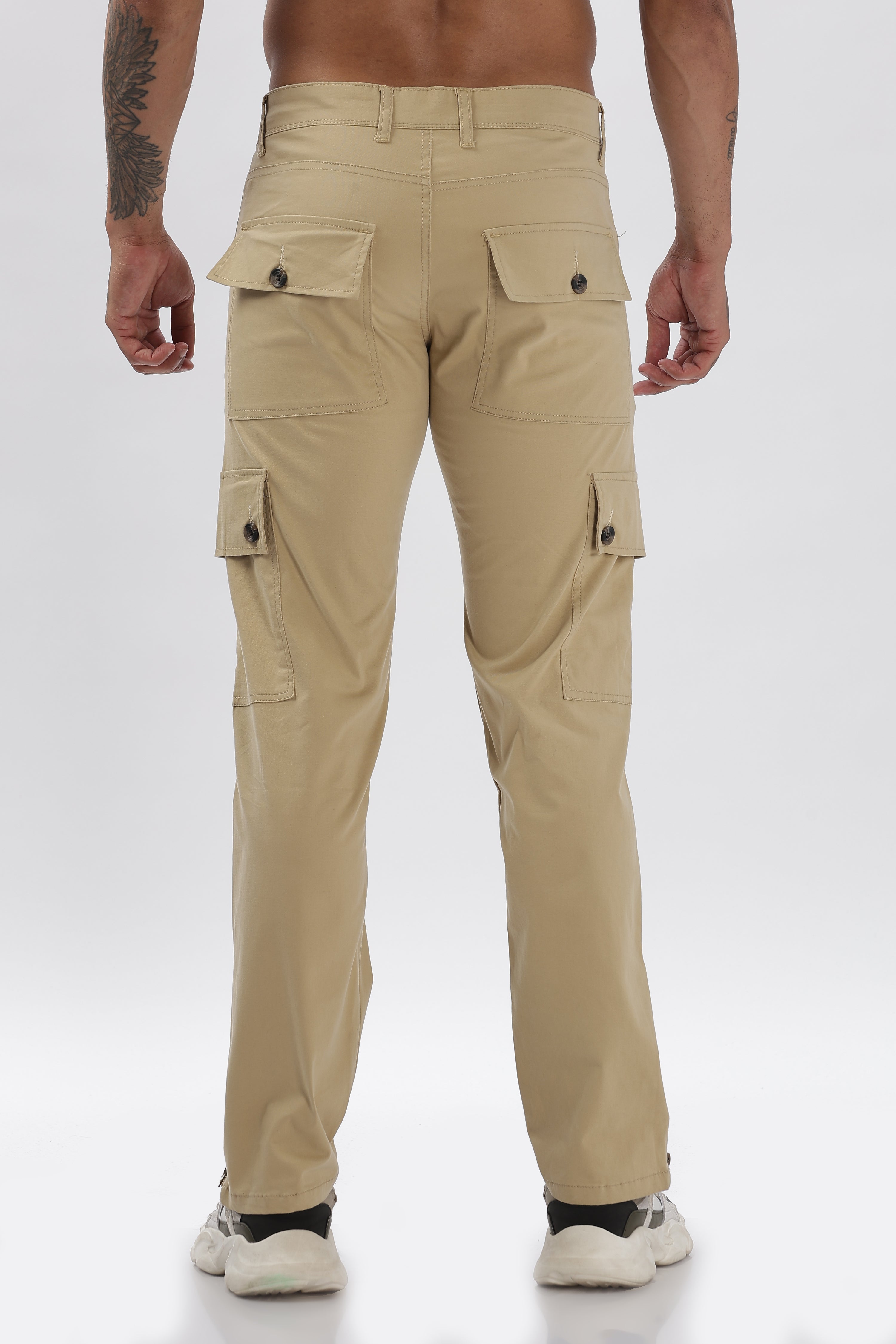 Beige Cotton Blend Full Length Cargo Pants For Men