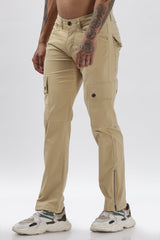 Beige Cotton Blend Full Length Cargo Pants For Men