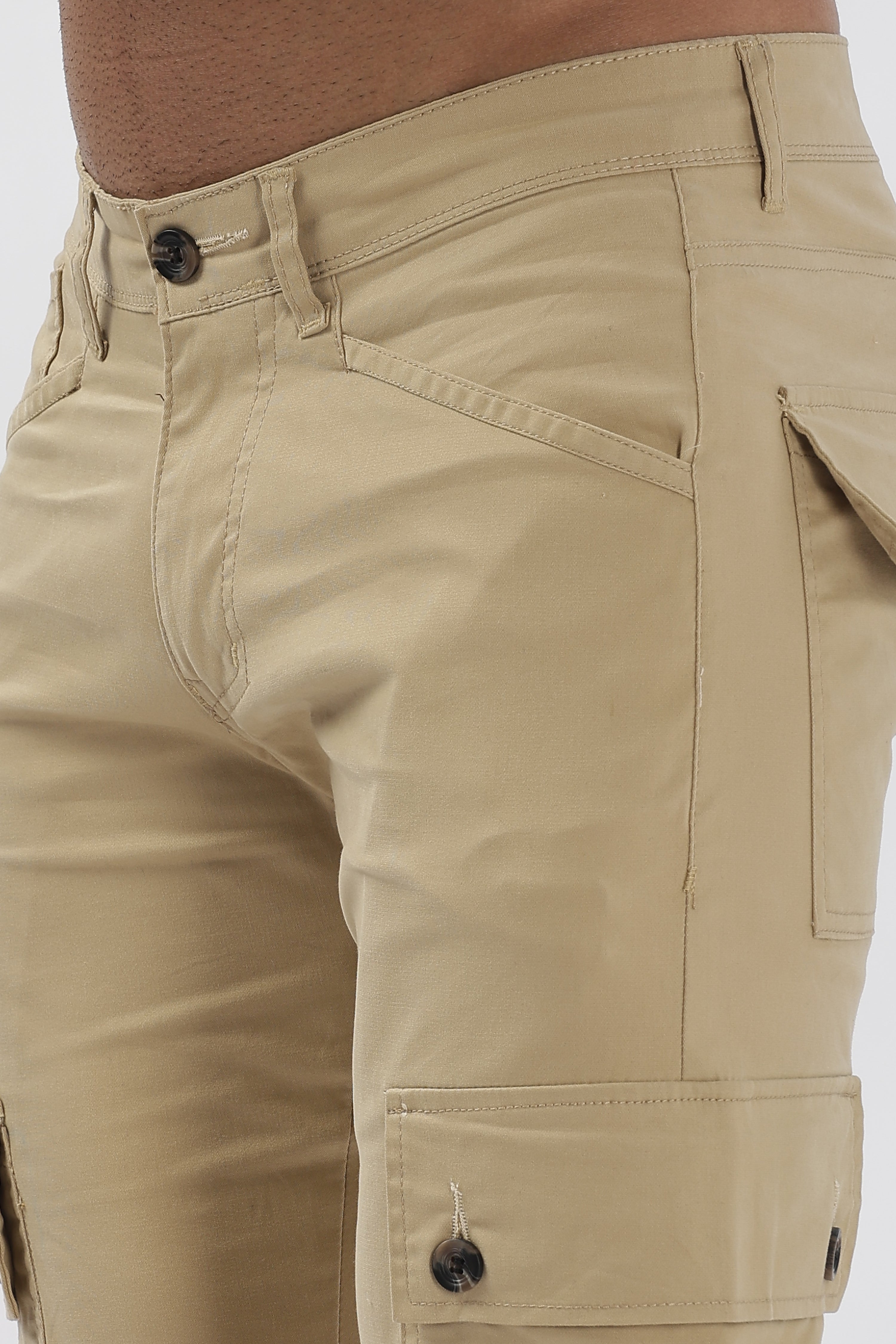 Beige Cotton Blend Full Length Cargo Pants For Men