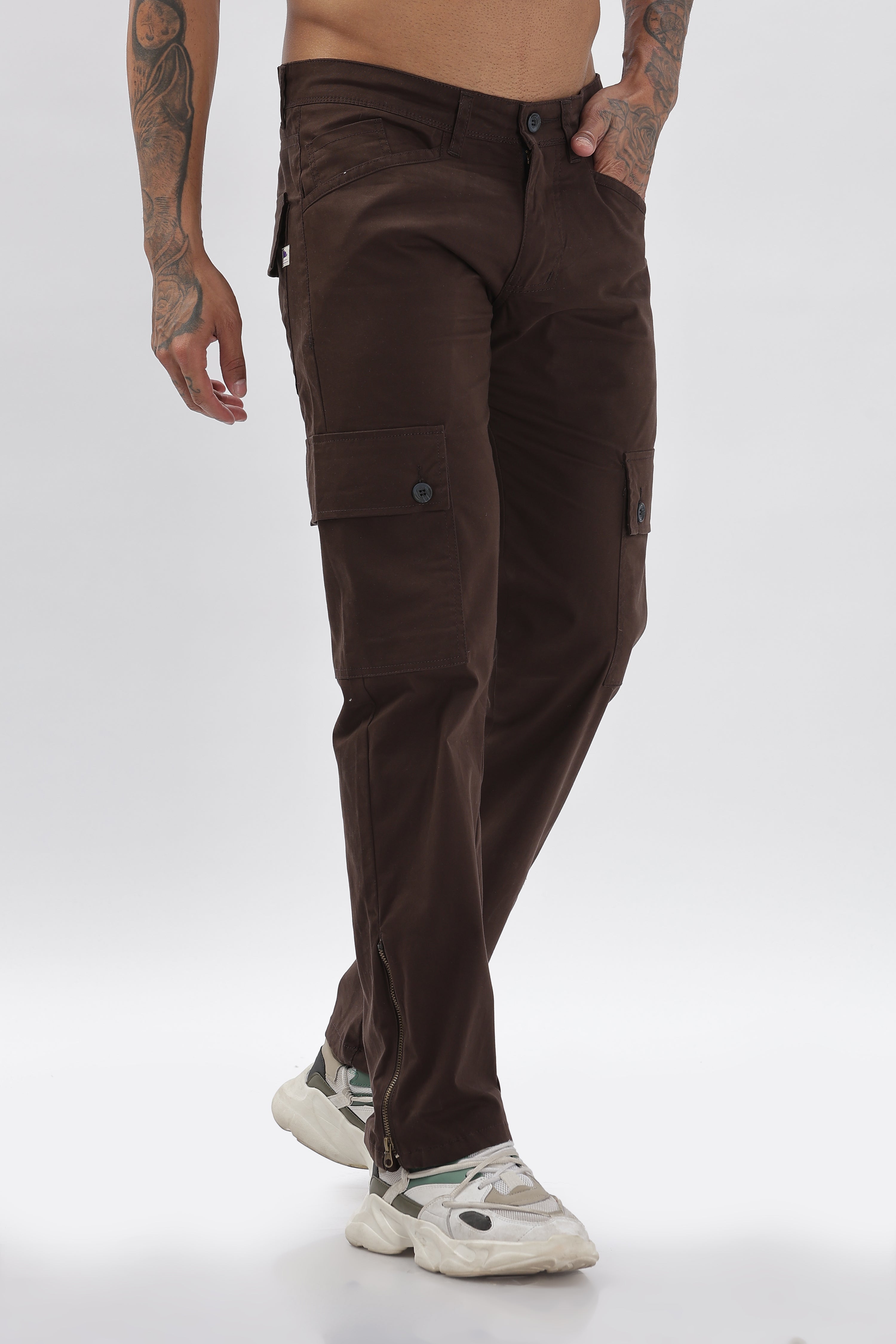 Pantalon cargo long en coton mélangé marron