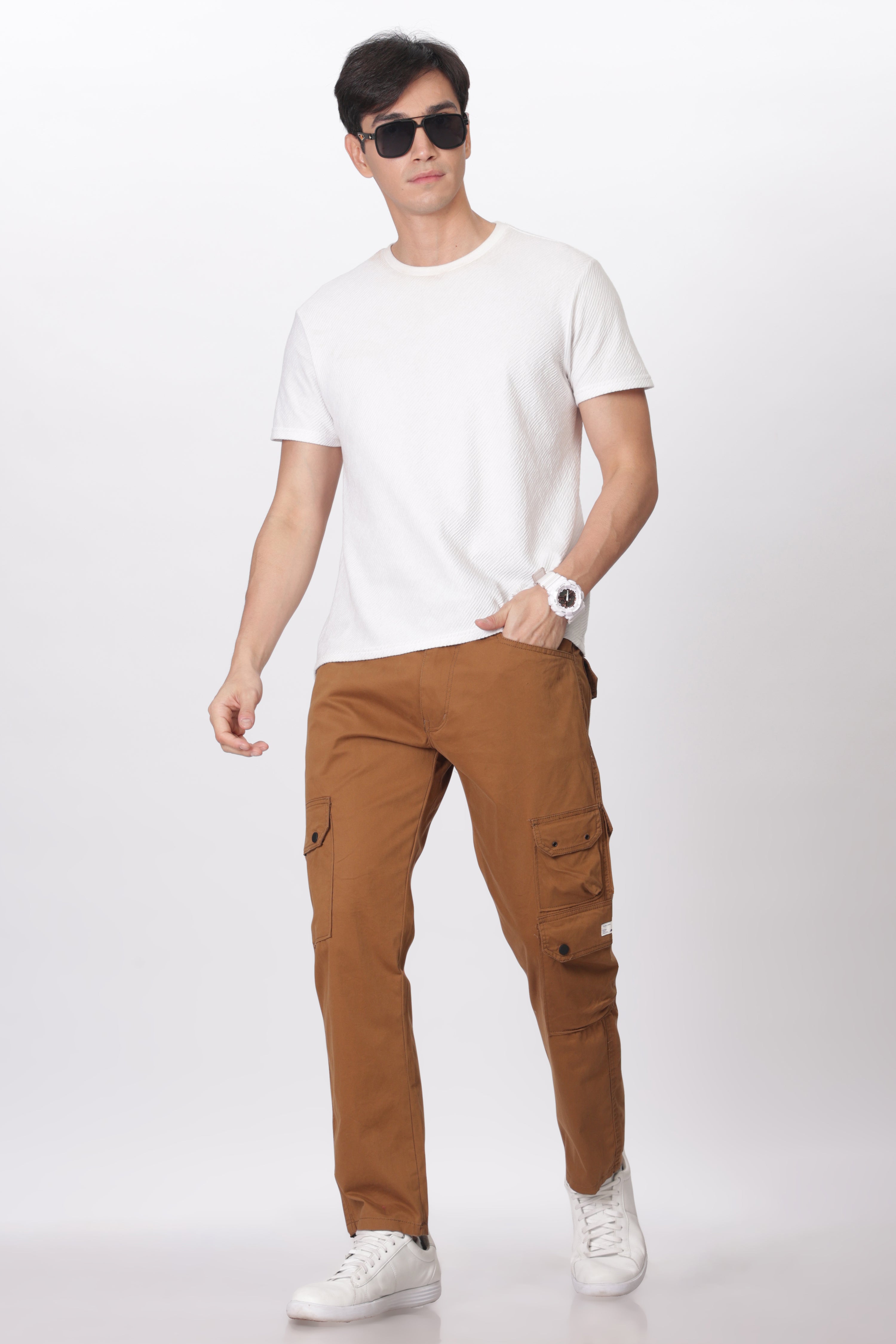 Pantalon cargo long en coton mélangé doré