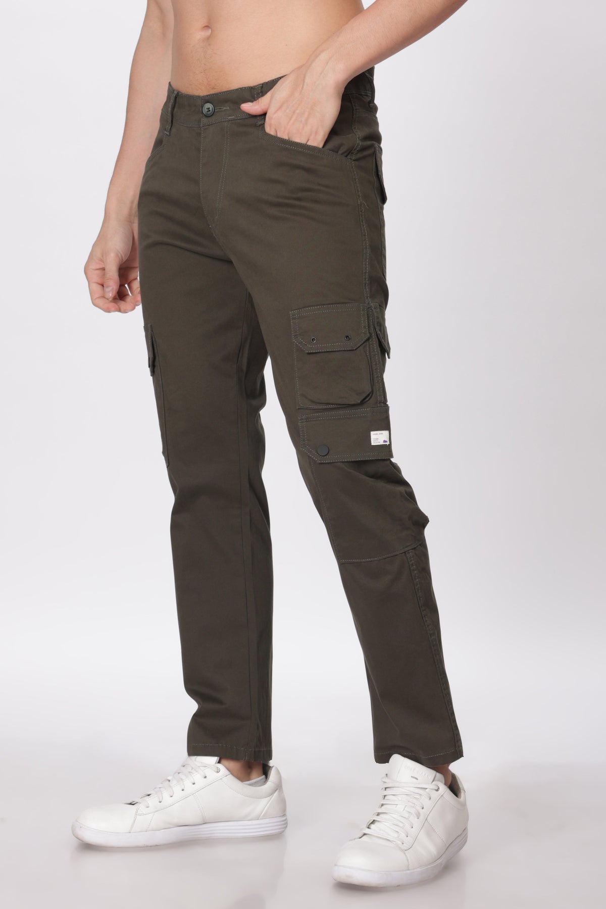 Pantalon cargo long en coton mélangé vert olive pour homme