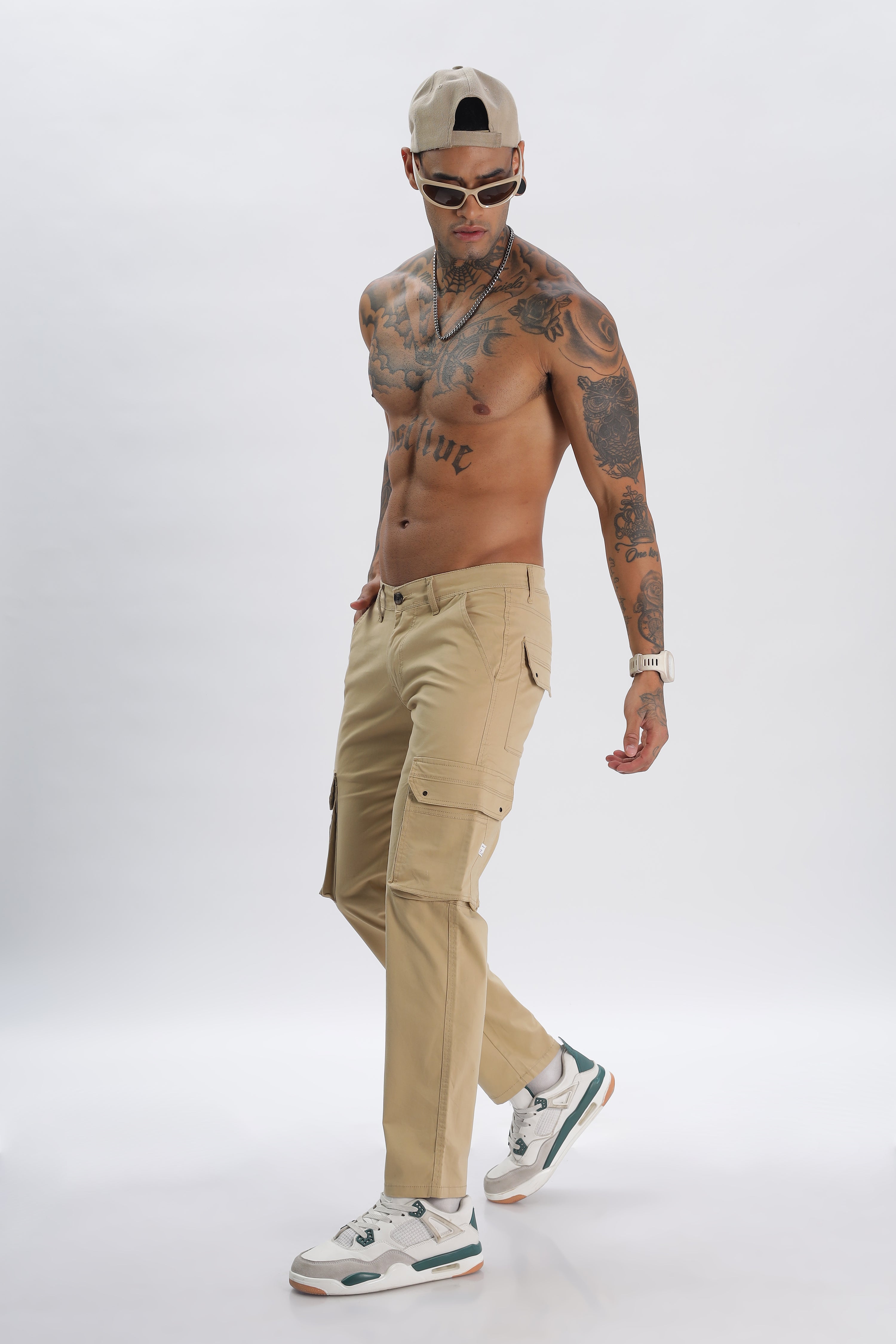 Beige Cotton Blend Full Length Cargo Pants