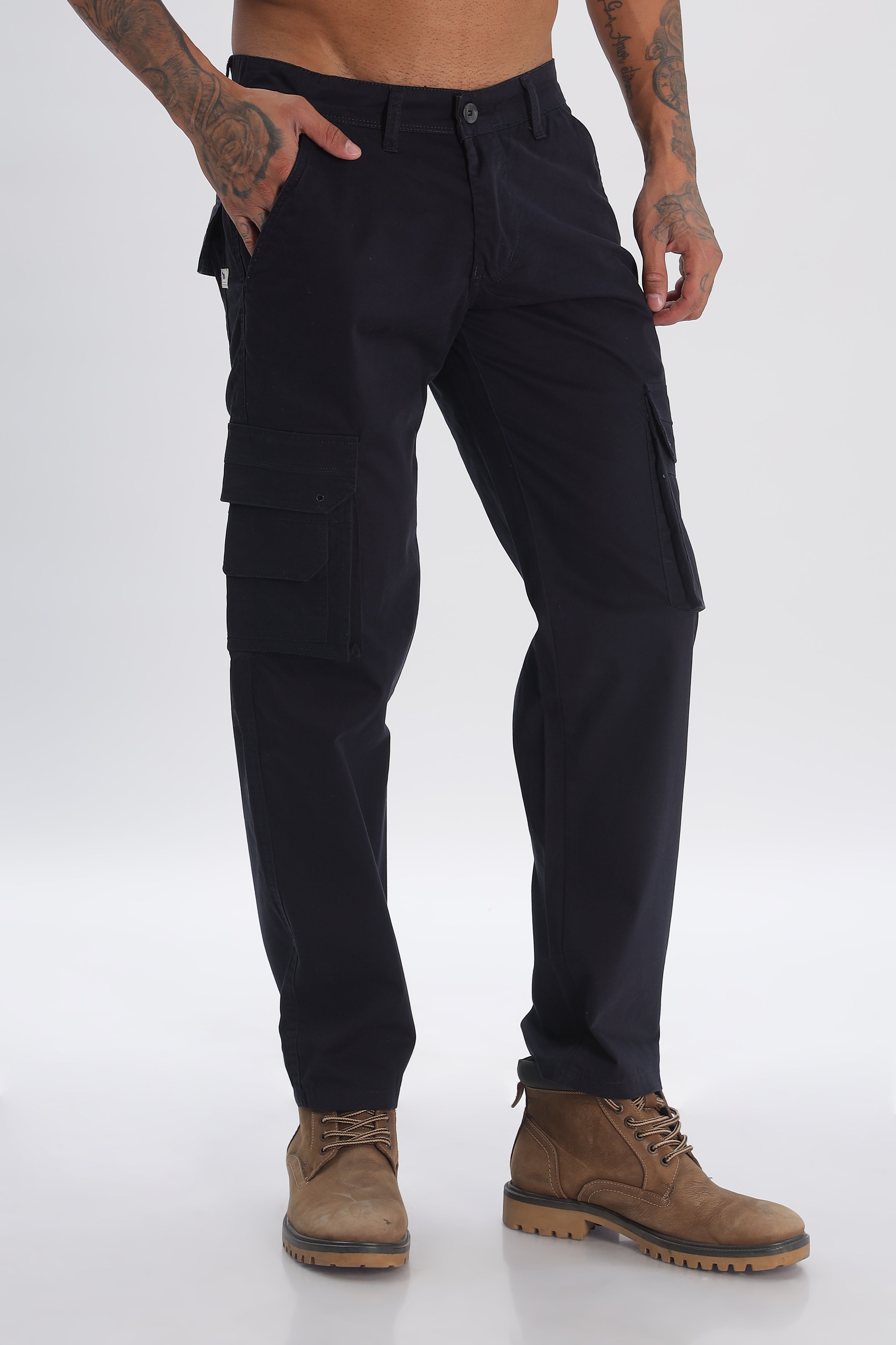 Pantalon cargo long en coton mélangé bleu marine