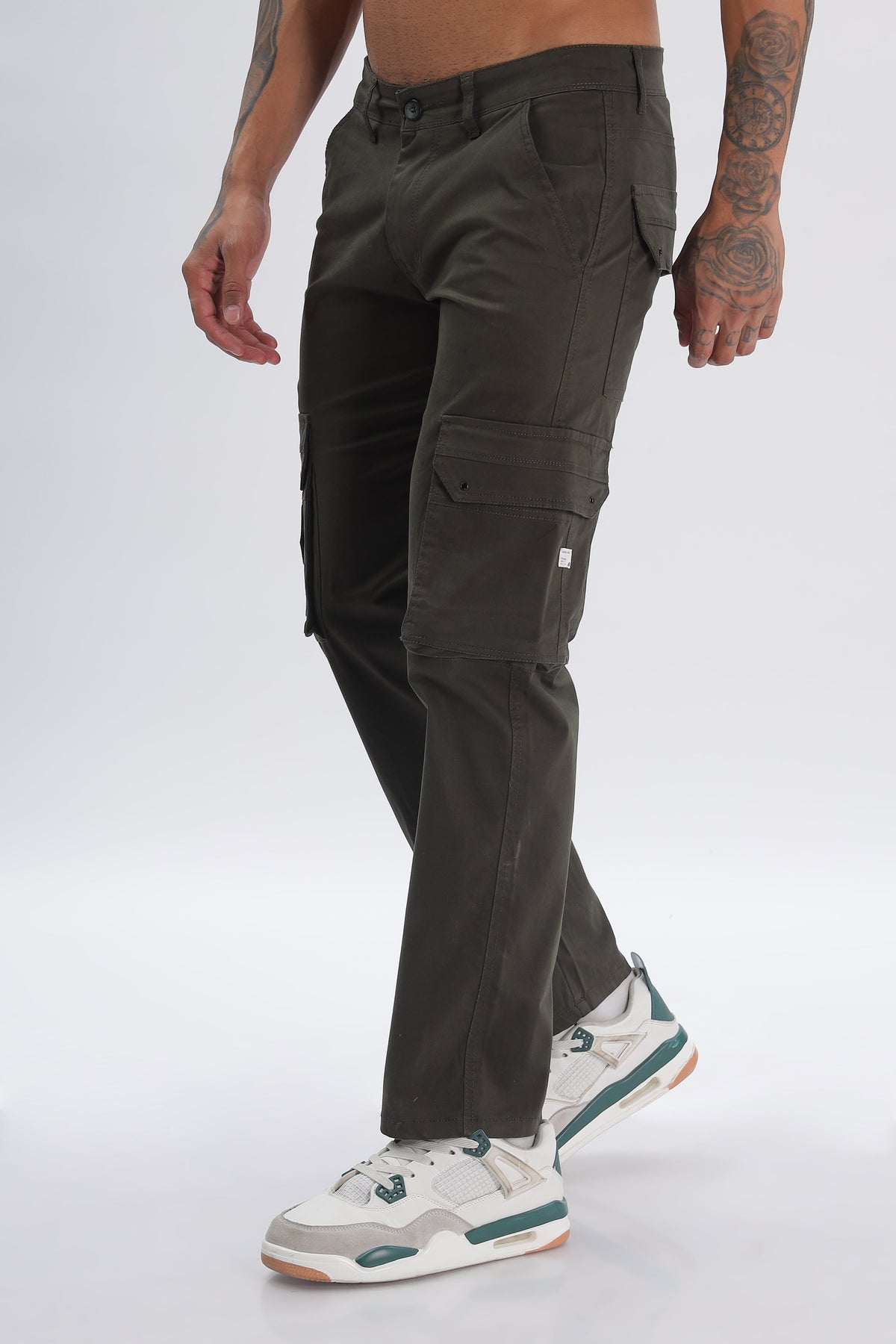 Pantalon cargo long en coton mélangé vert olive