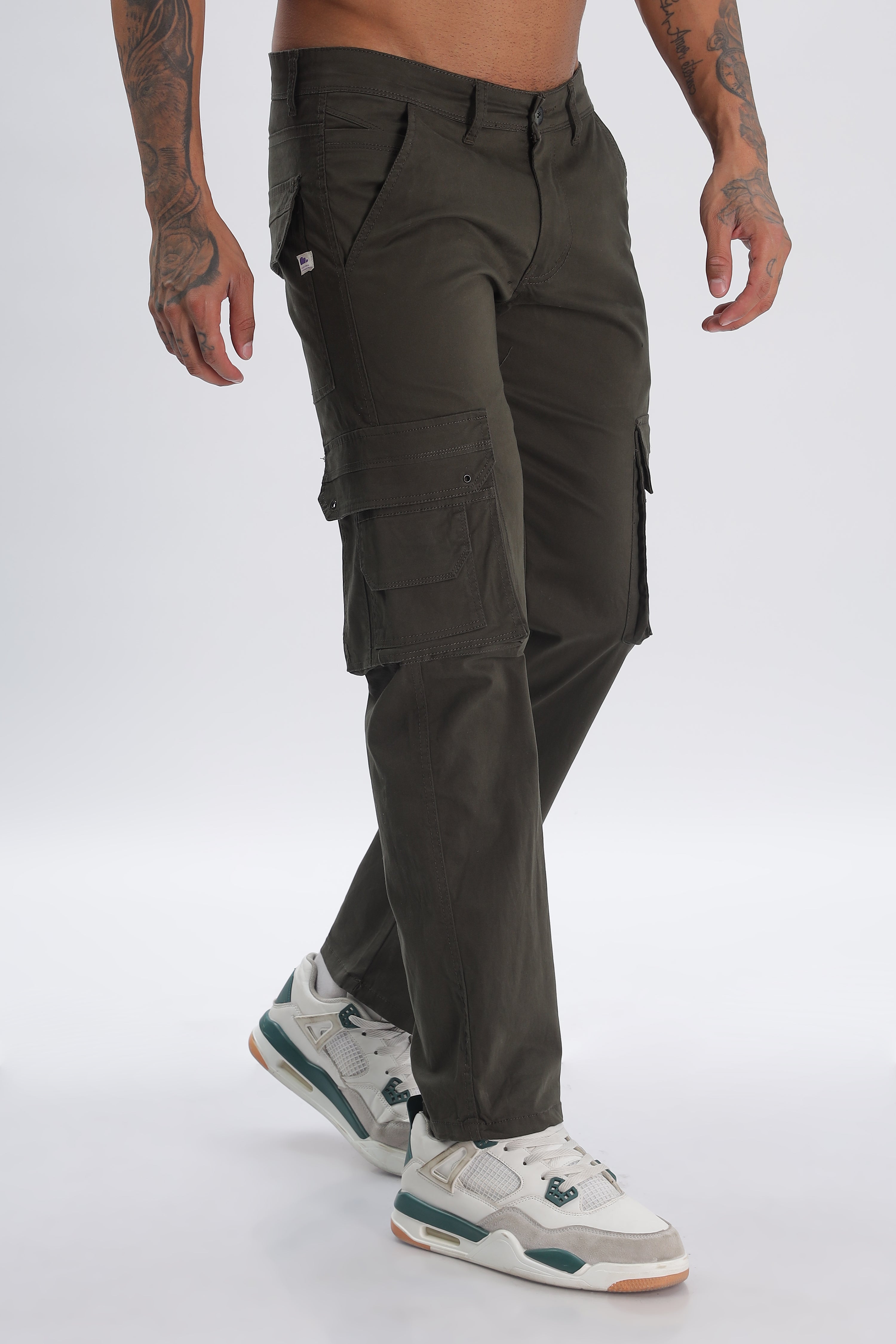 Pantalon cargo long en coton mélangé vert olive