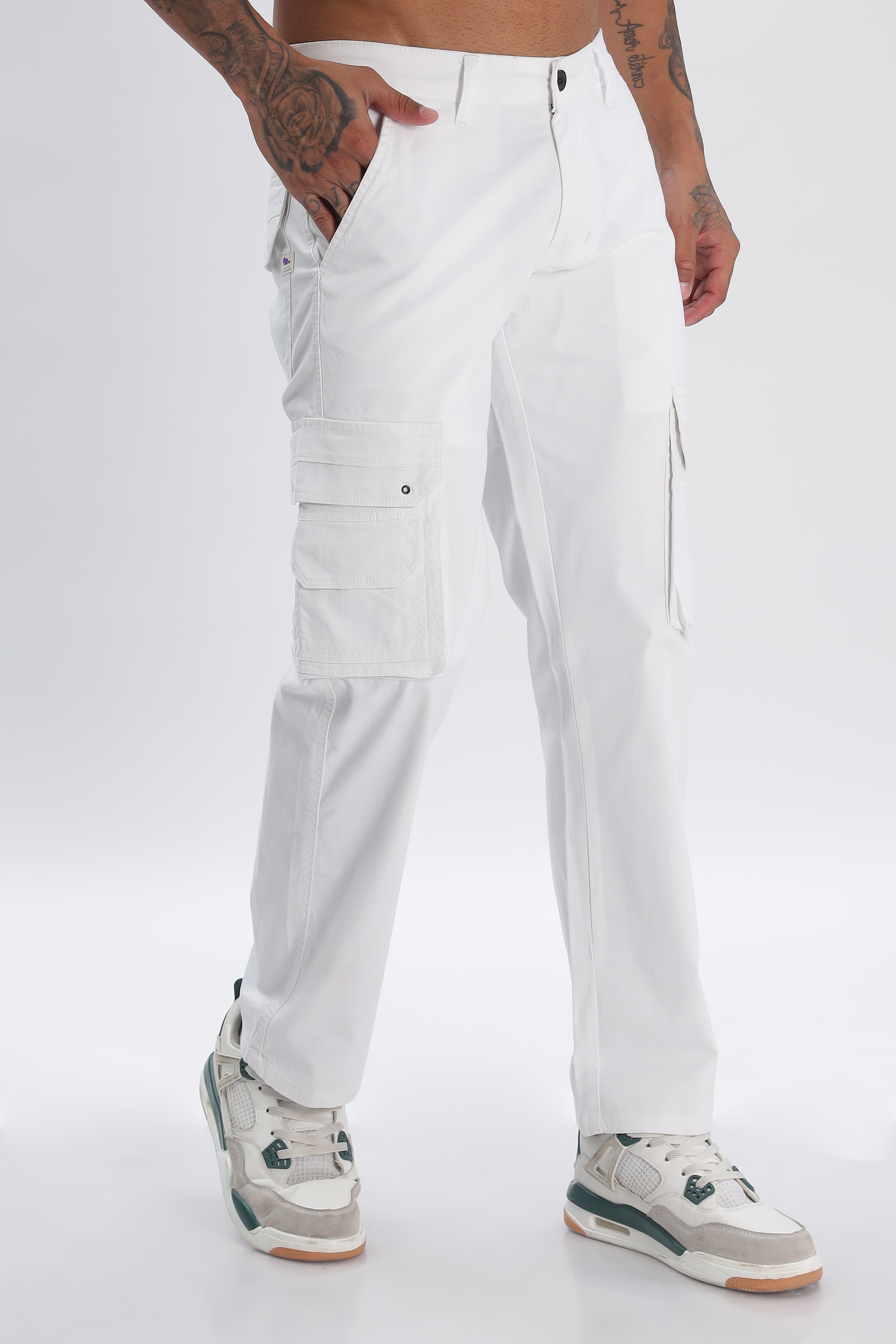 Pantalon cargo long en coton mélangé blanc