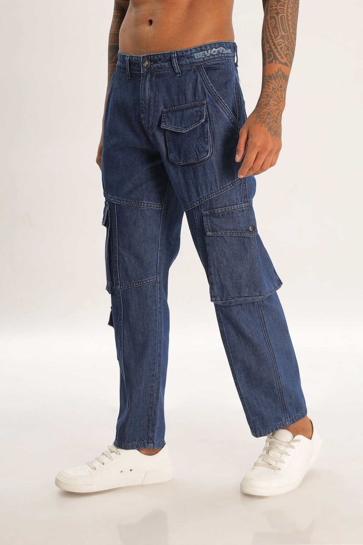 Blue Full Length Baggy Denim Cargo Pant