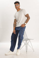 Blue Full Length Baggy Denim Cargo Pant