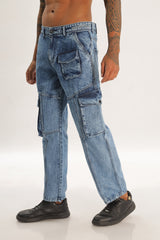 Light Blue Full Length Baggy Denim Cargo Pant