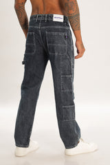 Sky Blue Full Length Baggy Denim Cargo Pants For Men