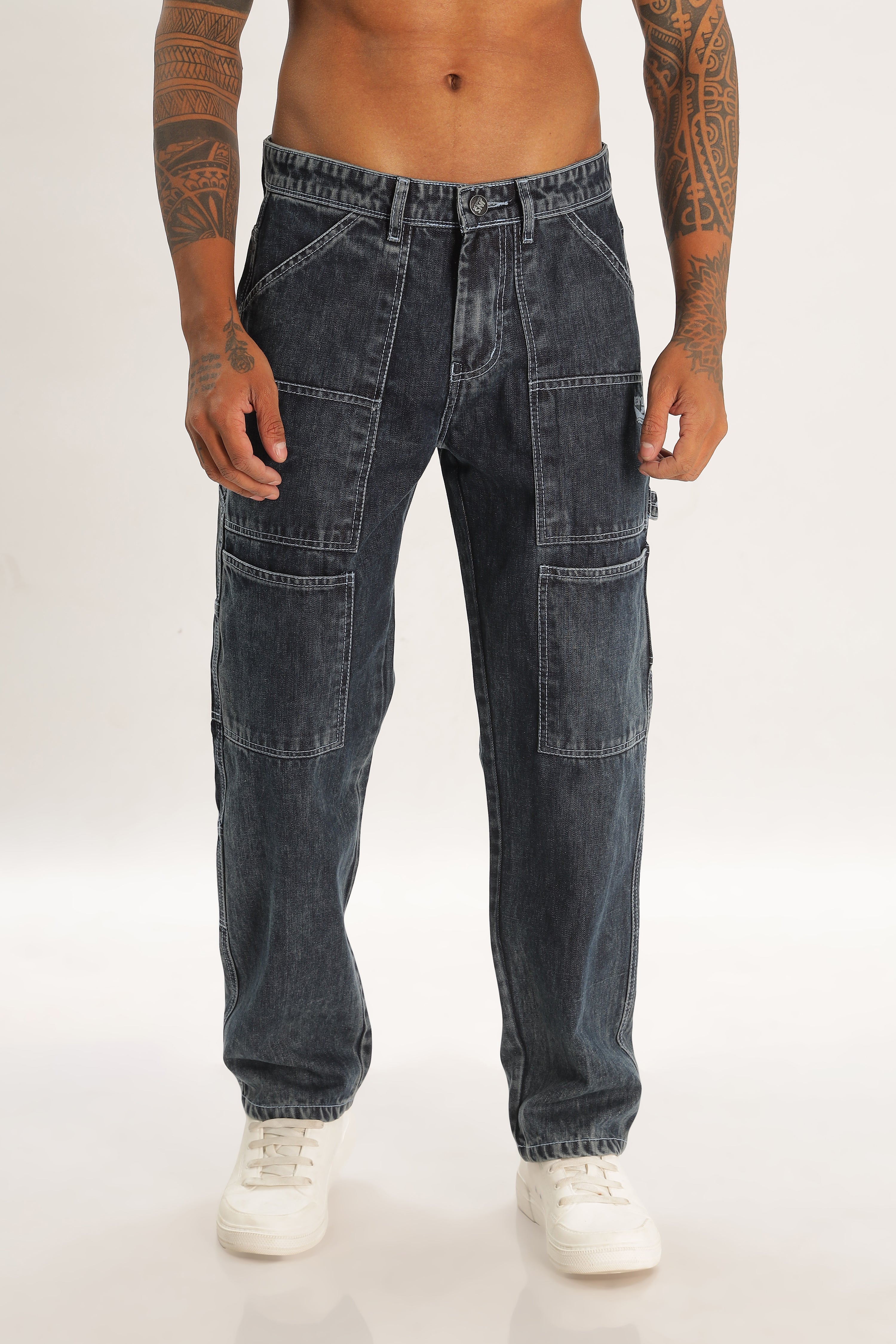 Sky Blue Full Length Baggy Denim Cargo Pants For Men