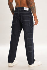 Navy Blue Full Length Baggy Denim Cargo Pants