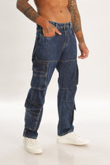 Blue Full Length Baggy Denim Cargo Pants For Men