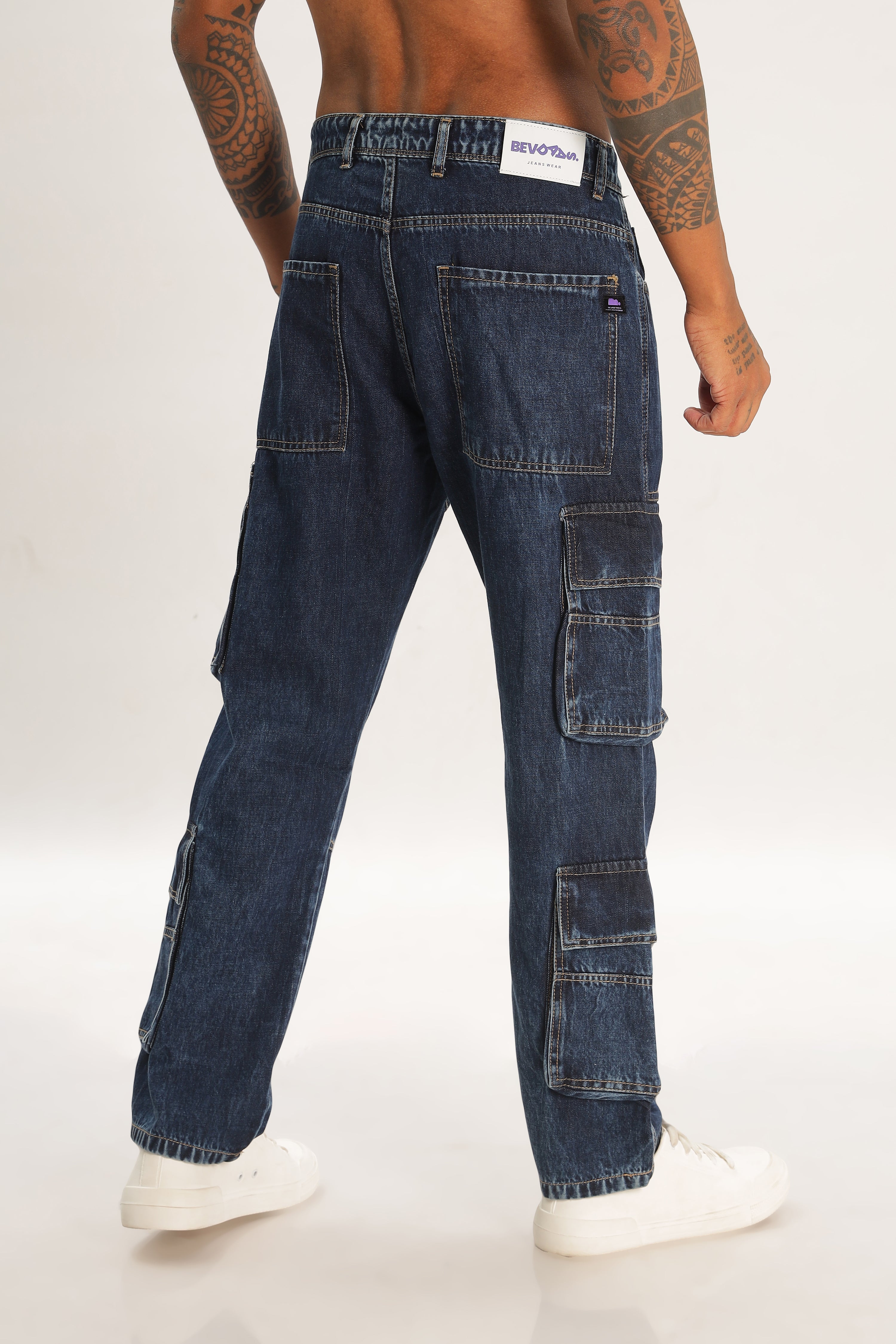 Blue Full Length Baggy Denim Cargo Pants For Men