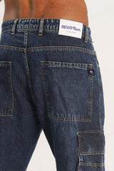 Blue Full Length Baggy Denim Cargo Pants For Men