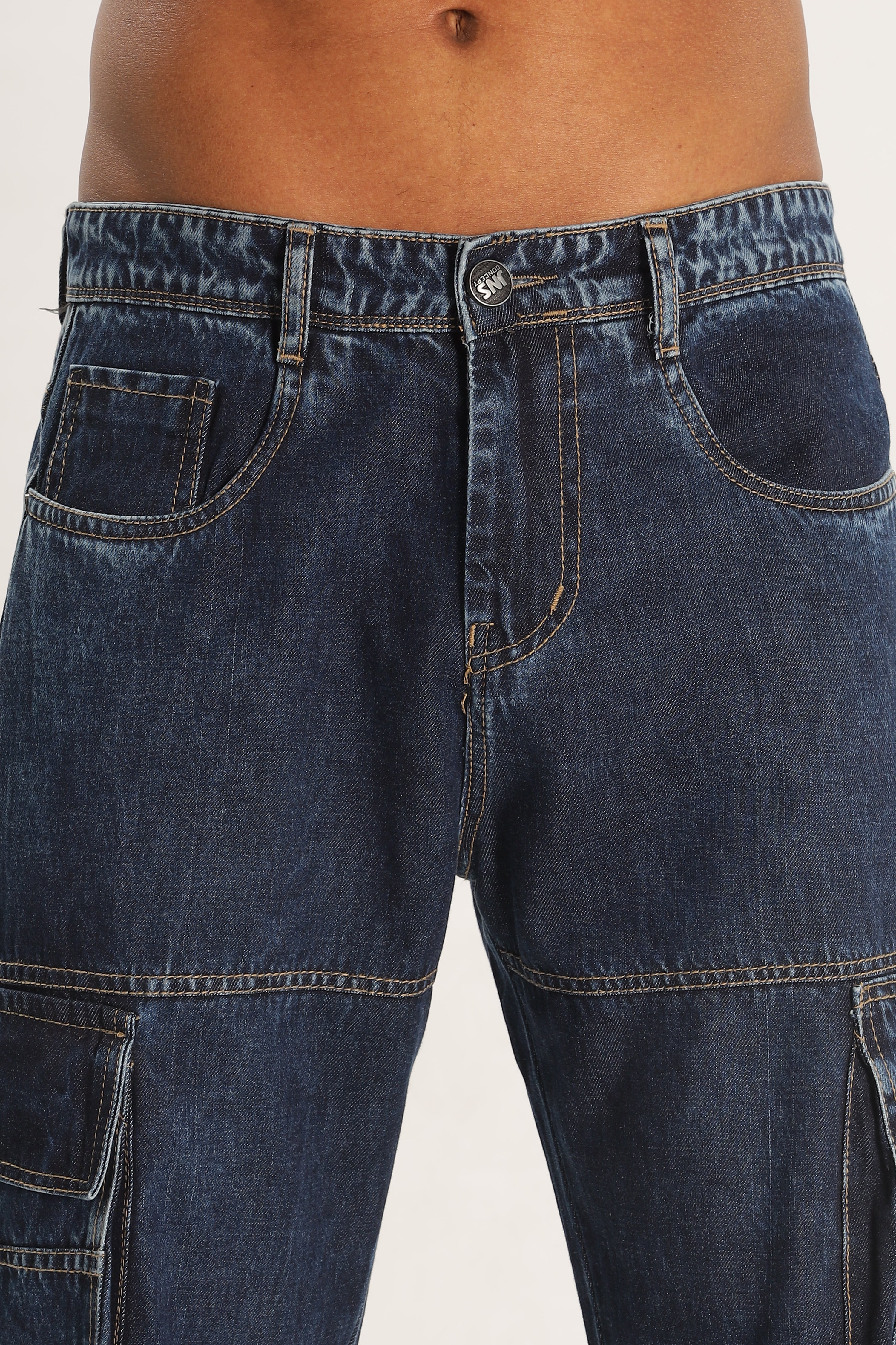 Blue Full Length Baggy Denim Cargo Pants For Men