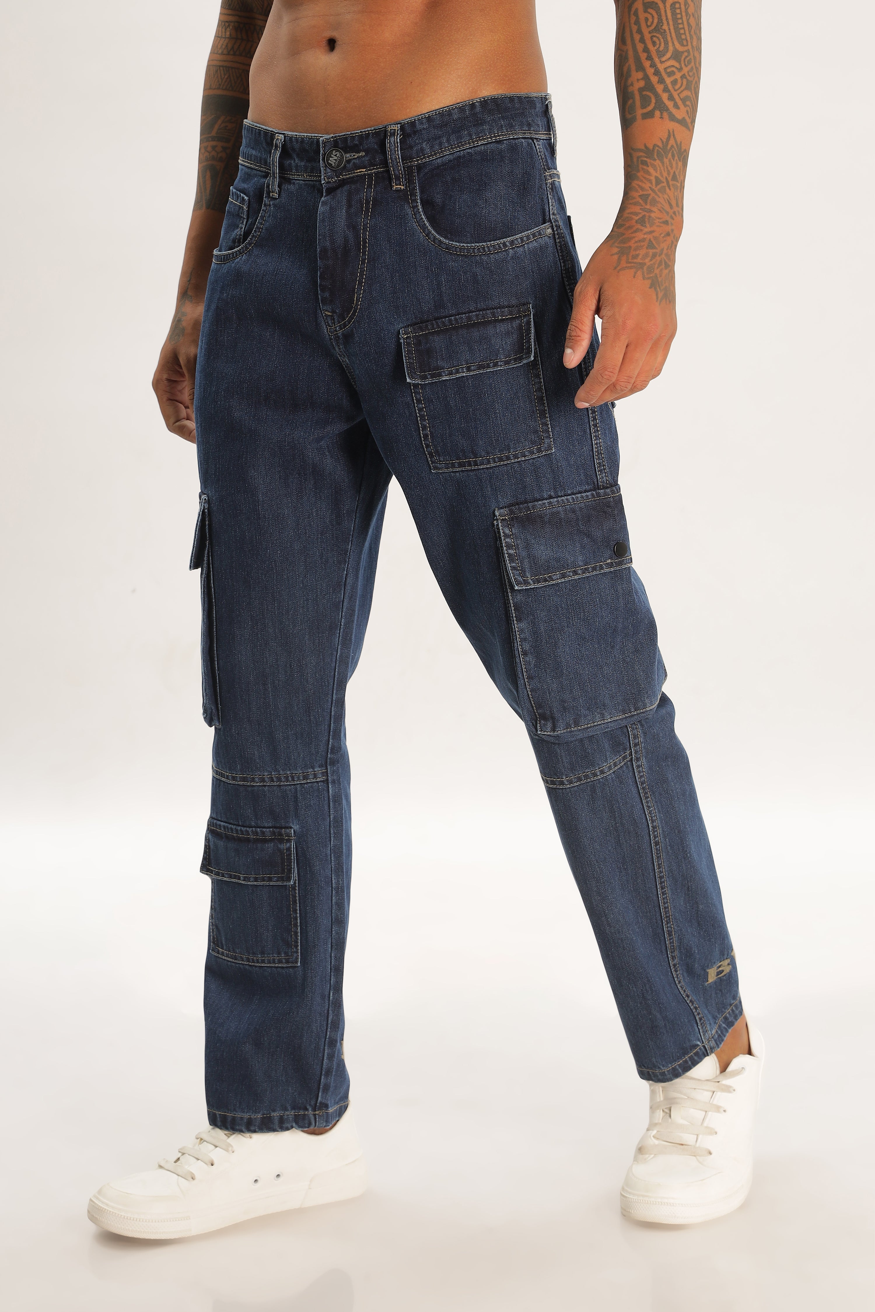 Blue  Full Length Baggy Denim Cargo Pants