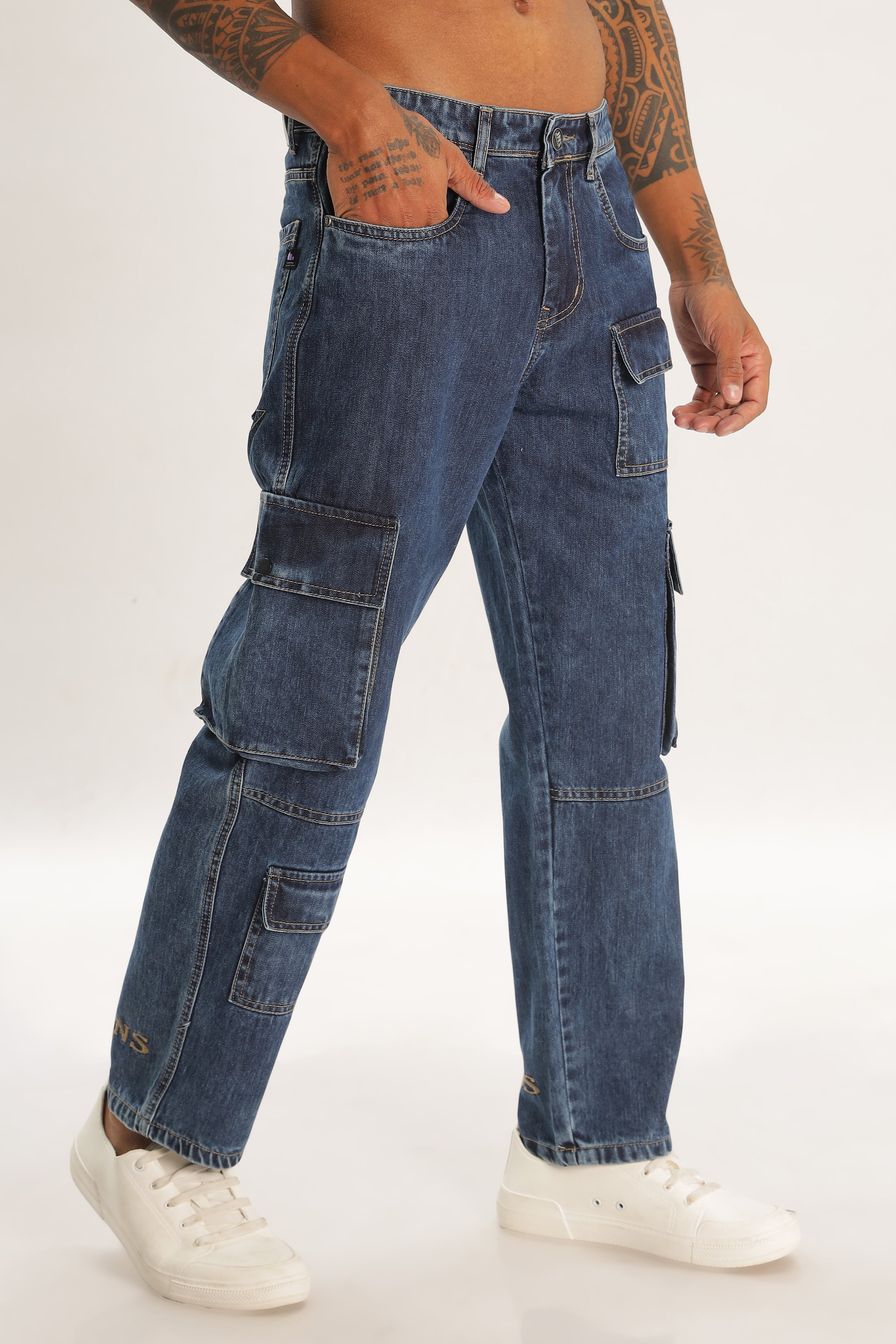 Light Blue Full Length Baggy Denim Cargo Pants